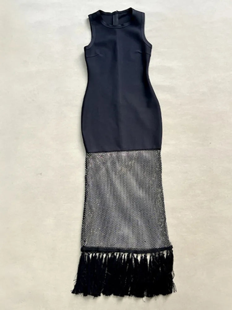 Elegant Black Bodycon Maxi Dress with Diamond Beading VestiVogue