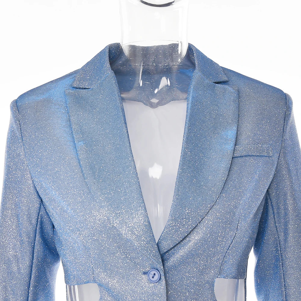 Shiny Blue Hollow Out Blazer Dress VestiVogue
