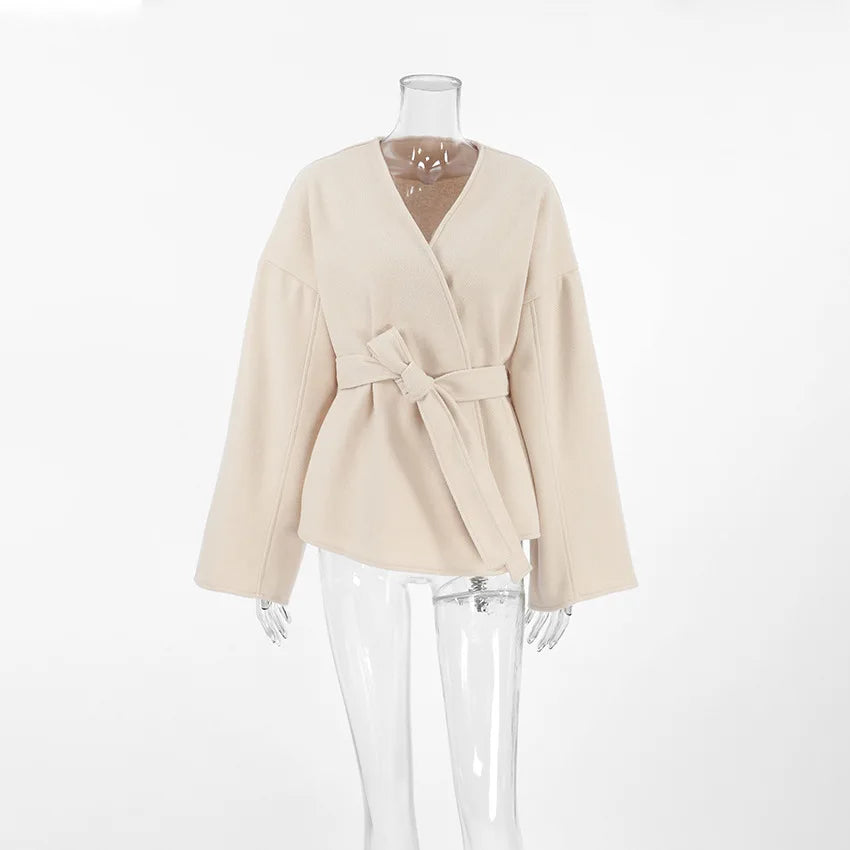 Elegant V-Neck Lace-Up Long Sleeve Coat for Women VestiVogue