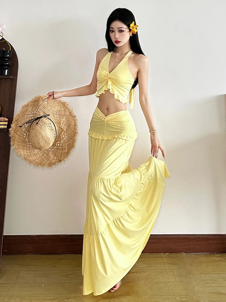 Chic Halter Ruffle Trim Two-Piece Summer Set VestiVogue