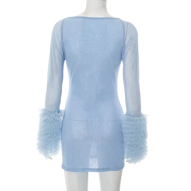 Elegant Sheer Patchwork Midi Dress with Hollow Cross Detailing VestiVogue