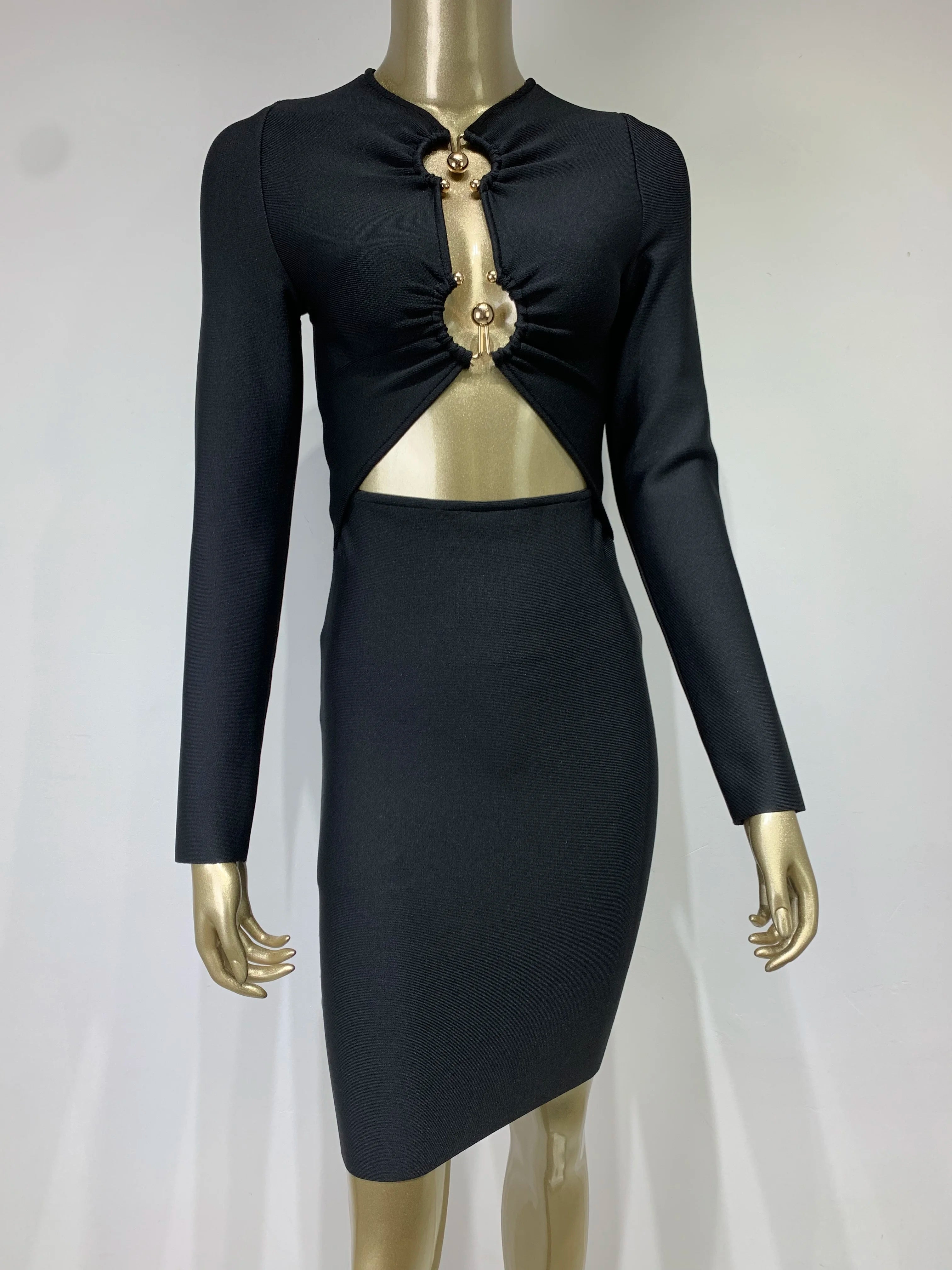 Elegant Black Sequined Bodycon Mini Dress with Hollow-Out Design VestiVogue