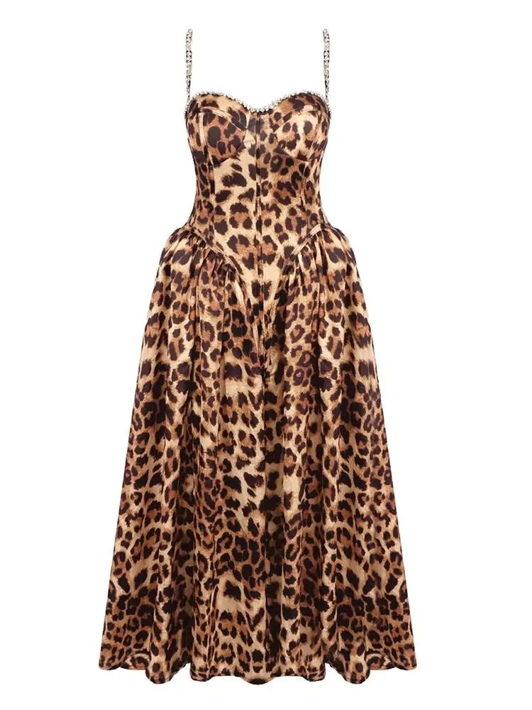 Leopard Pleated Sleeveless Evening Gown VestiVogue