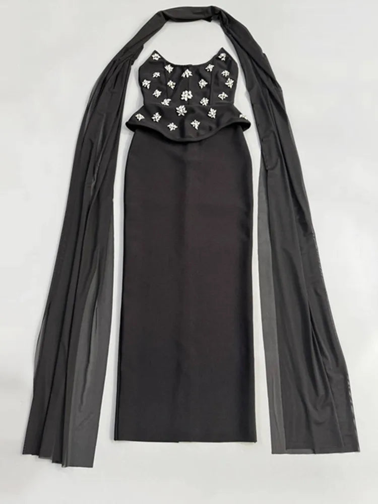 Elegant Black Beaded Bodycon Maxi Dress VestiVogue