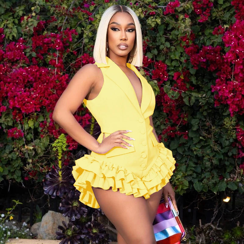 Lapel Button Deep V Ruffle Swing Playsuit VestiVogue