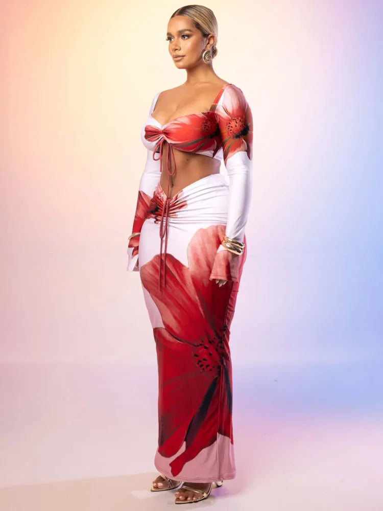 V-Neck Lace-Up Two-Piece Set with Long Skirt VestiVogue