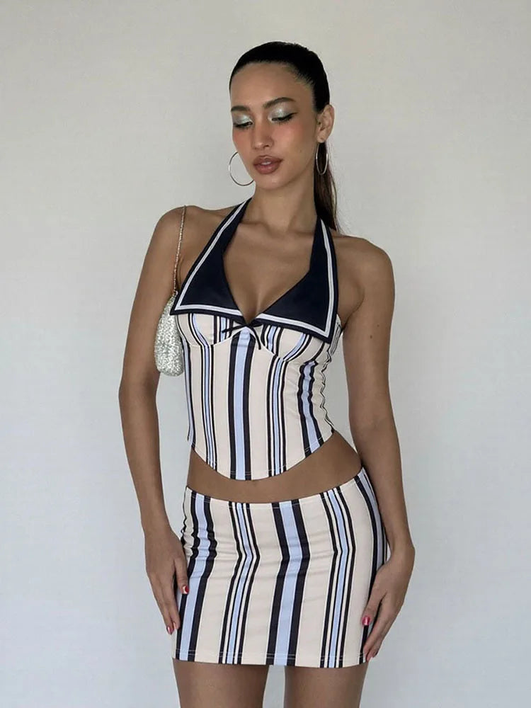 Stripe Print Halter Neck 2 Piece Set with Mini Skirt VestiVogue