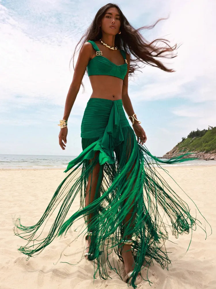Elegant Green Ruched Maxi Two-Piece Skirt Set with Tassels VestiVogue green XS
