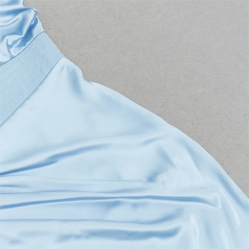 Light Blue One Shoulder Satin Maxi Dress VestiVogue