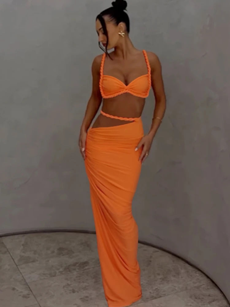 Backless Ruched Bra and Long Skirt Set VestiVogue Orange S