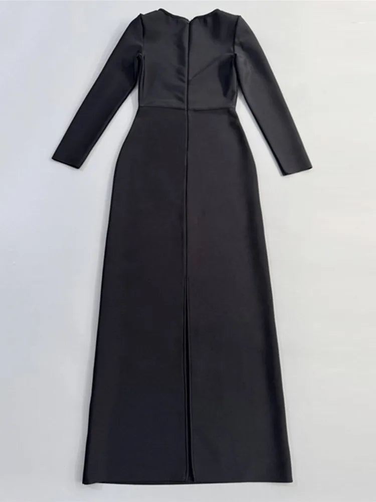 Elegant Black Long Sleeve Bodycon Maxi Dress with Beading Detail VestiVogue