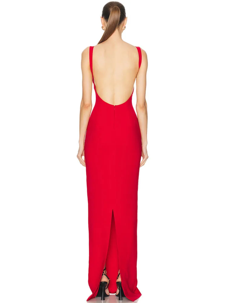 Elegant Backless Red Maxi Dress with V-Neck and Spaghetti Straps VestiVogue