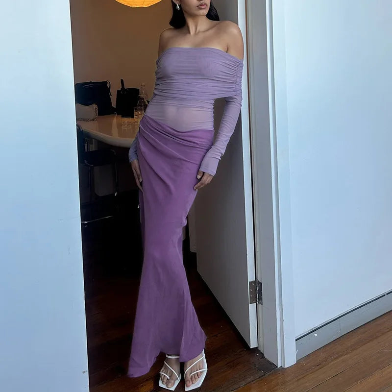 Elegant Off-Shoulder Mesh Midi Dress with Turn-Down Collar VestiVogue Purple 1859 M