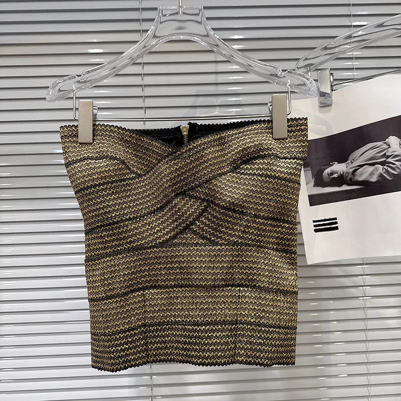 Backless Zipper Cross Strap Tank Top with Embroidered Mini Cake Skirt VestiVogue only Gold Strapless L