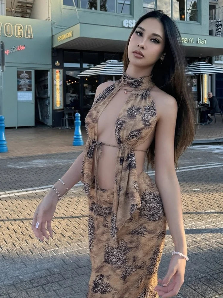 Chic Halter Neck 2 Piece Maxi Set with Stunning Print VestiVogue