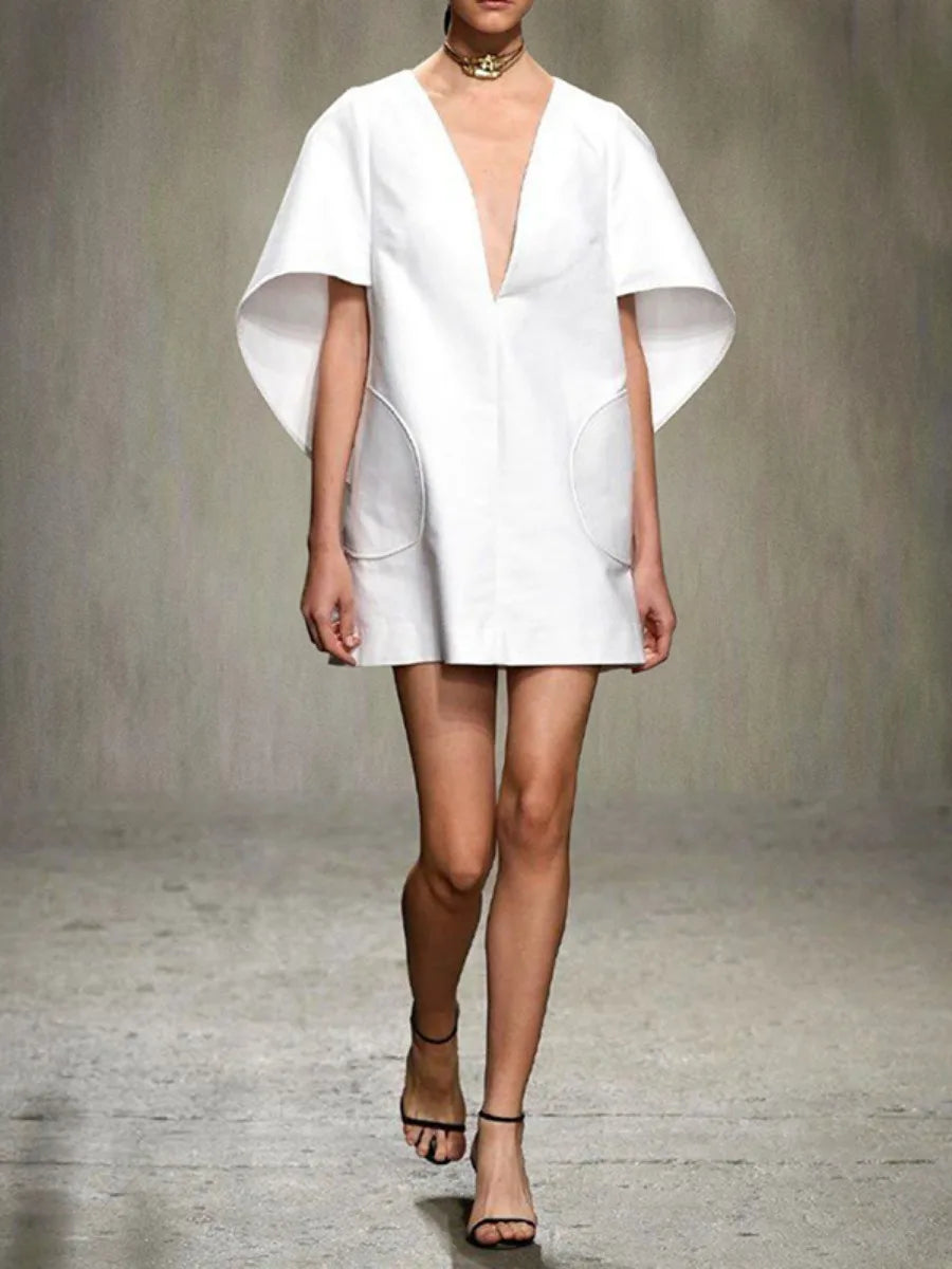 Effortless Chic Deep V-Neck Mini Dress with Flare Sleeves VestiVogue