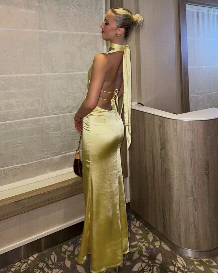 V-Neck Satin Open Back Evening Dress