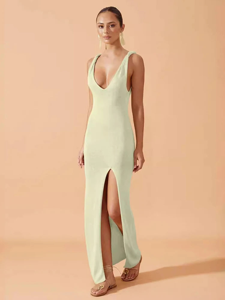 Deep V Backless Maxi Dress VestiVogue Light Green M