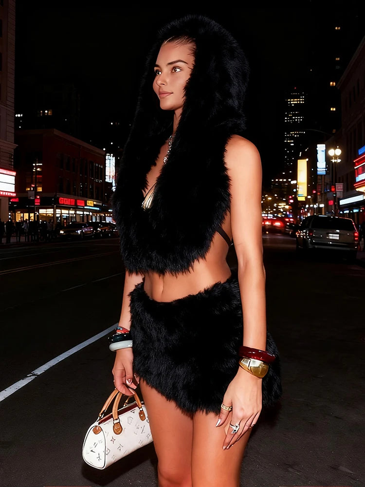 Hooded Lace-Up Crop Top & Peach Mini Skirt Set VestiVogue black M