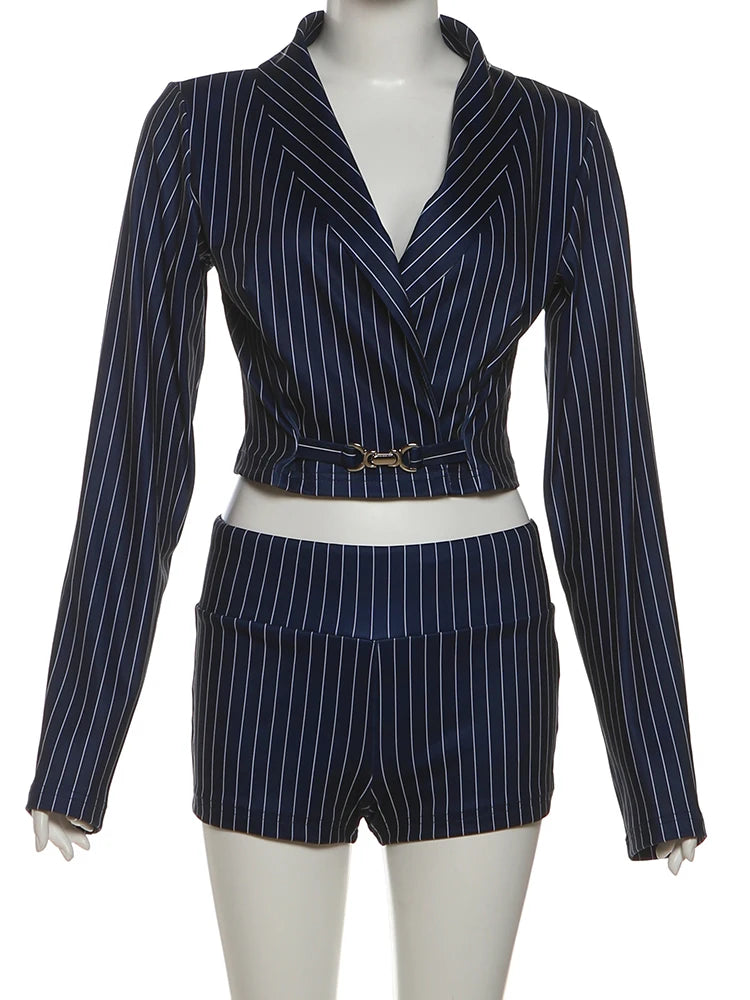 Striped V-Neck Crop Top and Mini Shorts Set VestiVogue