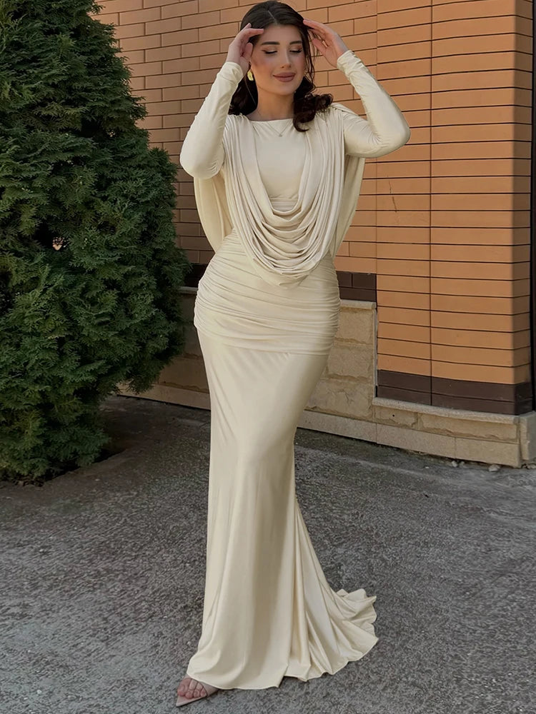 Ruched High-Waist Long Dress with Full Sleeves VestiVogue Beige L