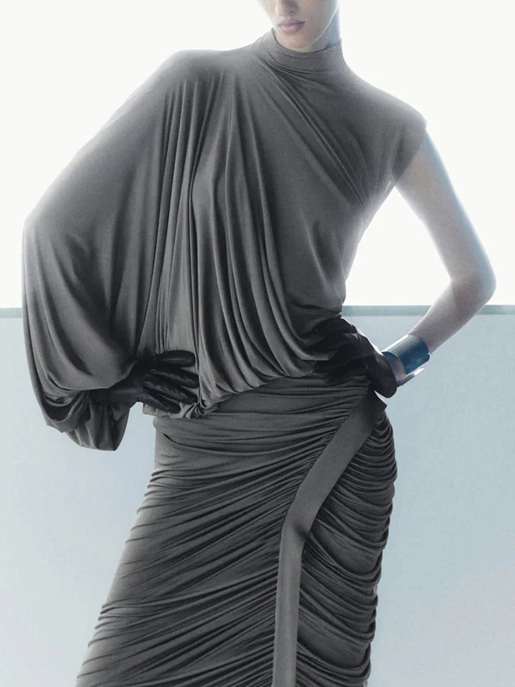 Chic Turtleneck & Ruched Skirt Set VestiVogue