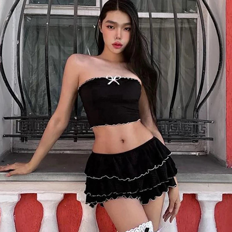 One-Shoulder Bow Knot Ruffled Mini Set VestiVogue Black L