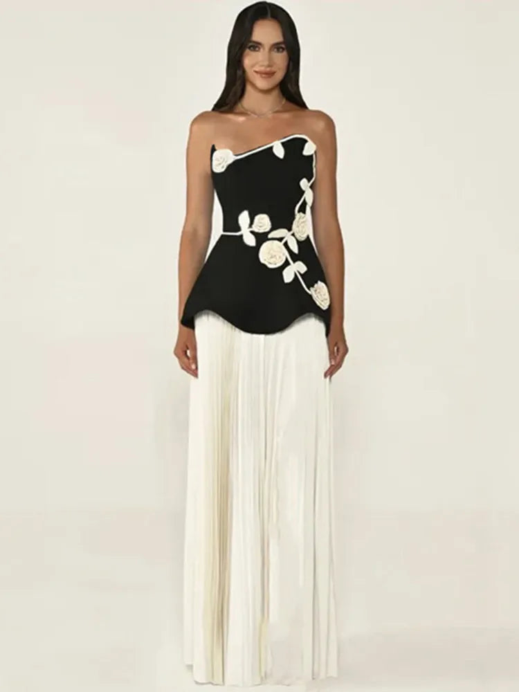 Strapless Floral Appliqué Two-Piece Skirt Set VestiVogue black L