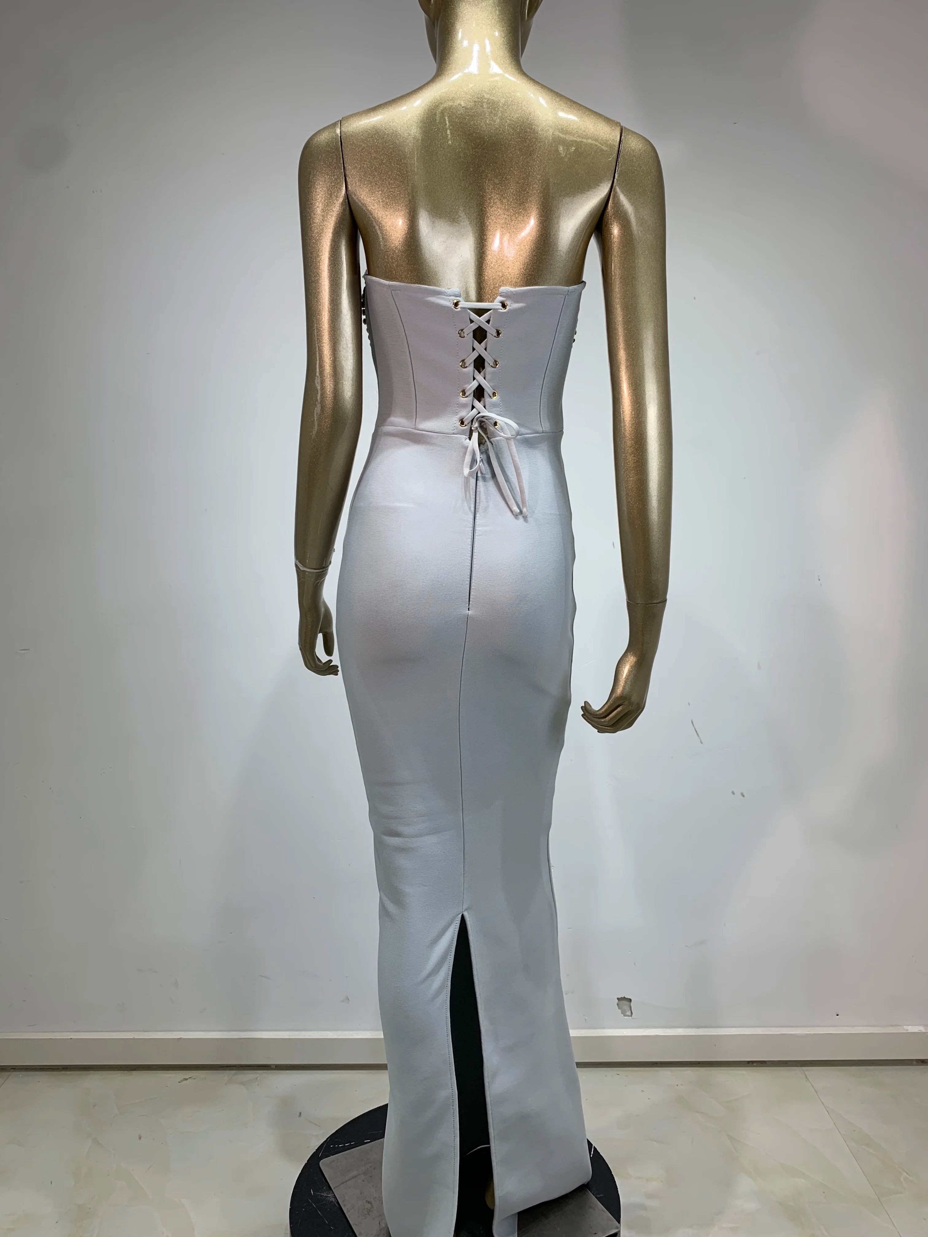 Strapless Beaded Grey Maxi Bodycon Dress VestiVogue