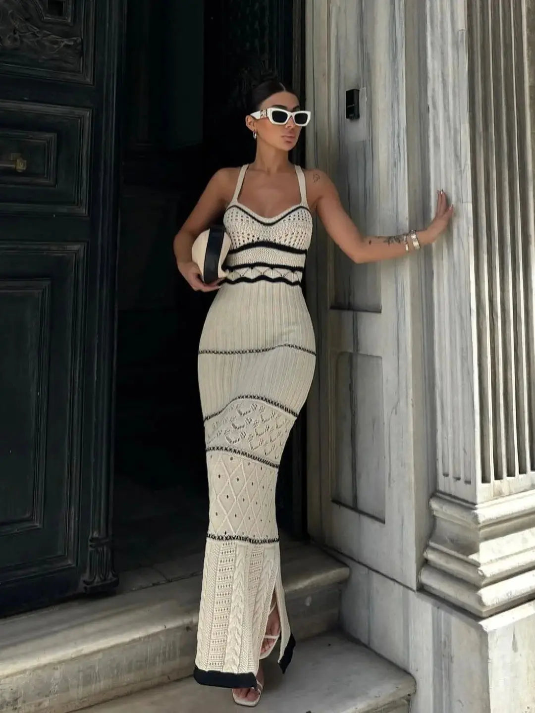 Chic Striped Knit Crochet V-Neck Midi Dress VestiVogue WHITE M