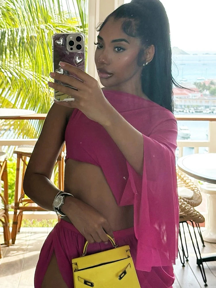 Chic Irregular Hem Pleated Two-Piece Set with Single Sleeve Tank VestiVogue Rose Red L