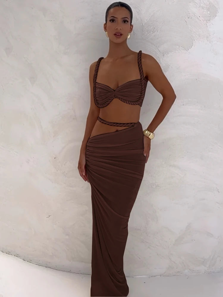 Square Collar Bra and Maxi Skirt Set VestiVogue Brown XL