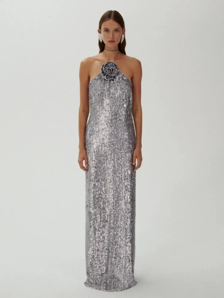 Alluring Floral Sequin Backless Maxi Dress VestiVogue