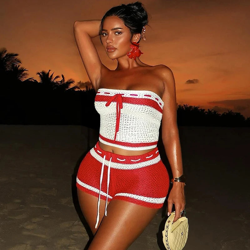 Clashing Colour Stripe Strapless Knitted Two-Piece Set VestiVogue