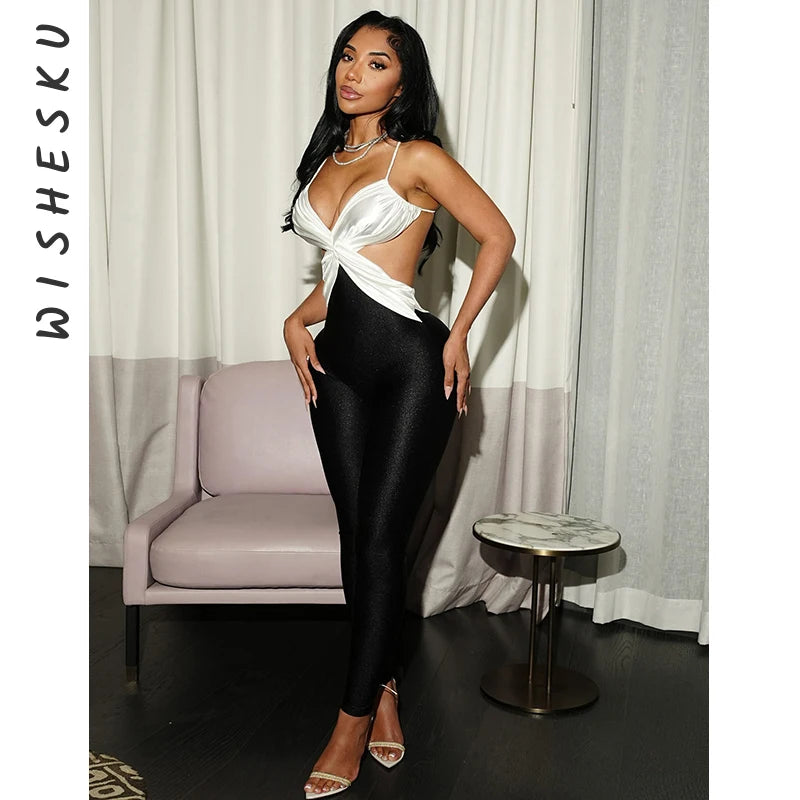 Elegant Backless Spaghetti Strap Jumpsuit with Cross Hollow Design VestiVogue