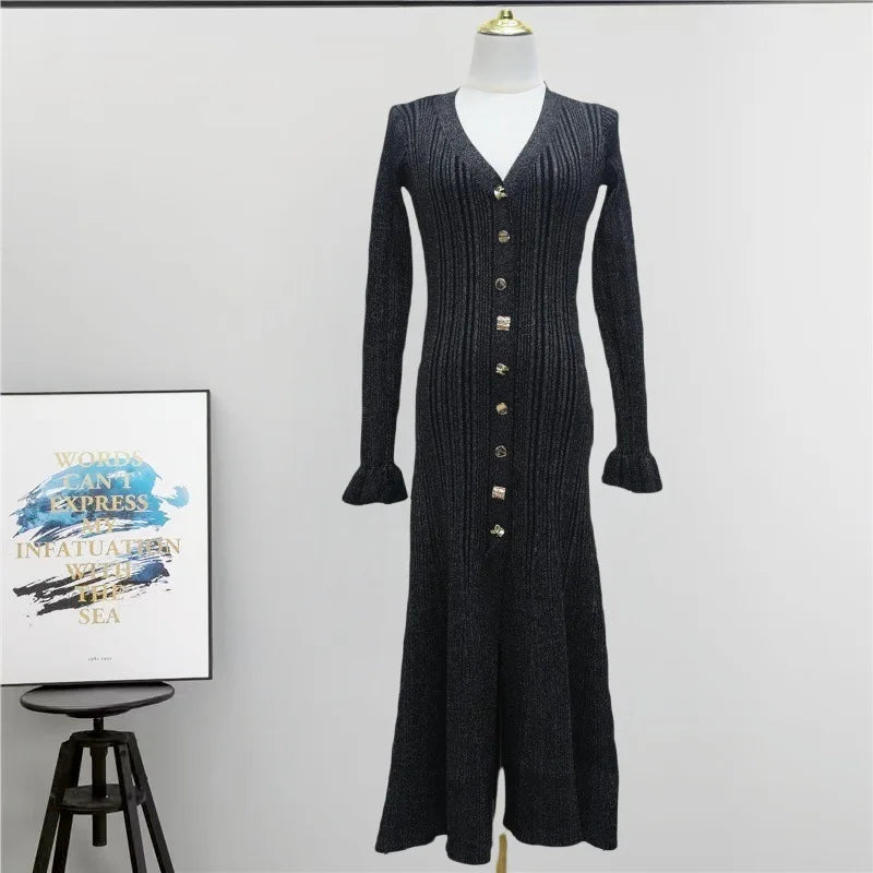 Elegant V-Neck Flare Sleeve Knitted Dress VestiVogue black S