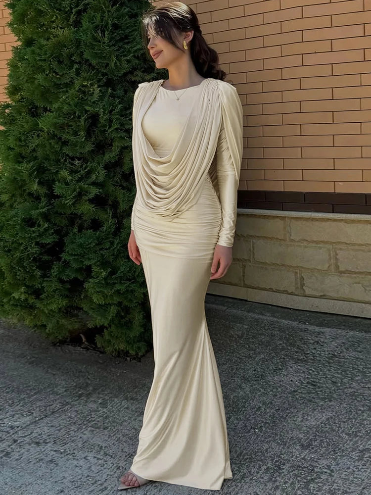 Ruched High-Waist Long Dress with Full Sleeves VestiVogue