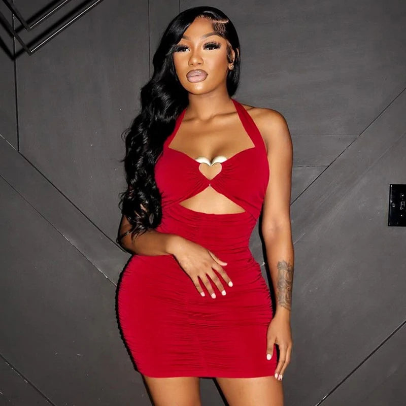 Backless Pleated Hollow-Out Short Dress with Tie Straps VestiVogue Red S