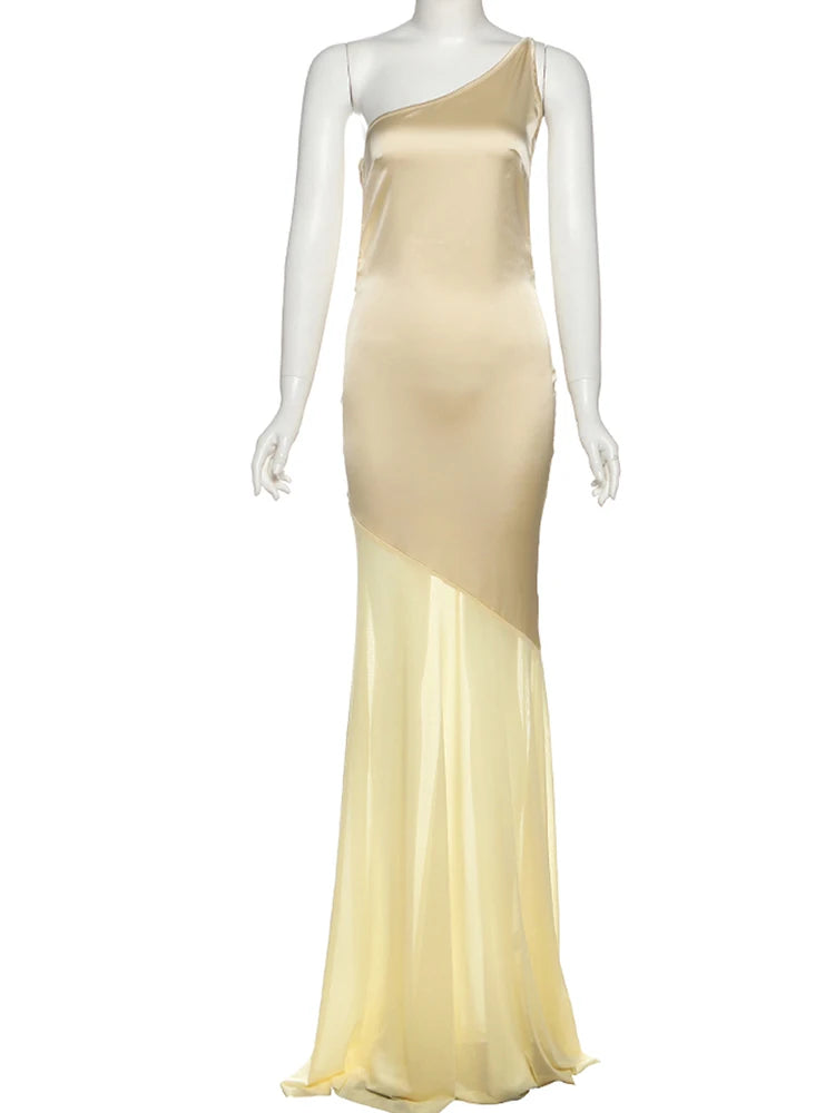 Elegant Backless Maxi Dress with Patchwork Detailing VestiVogue Yellow L