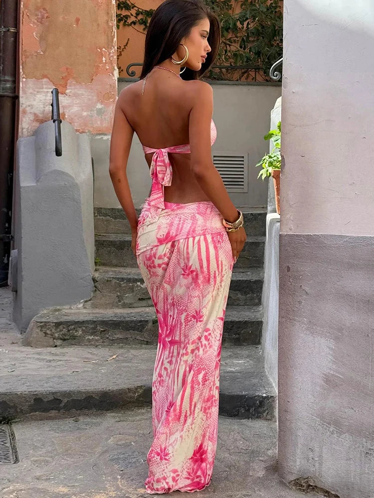 Halter Applique Crop Top & High-Waisted Skirt Set VestiVogue