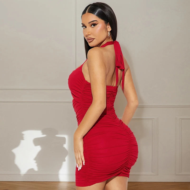 Backless Pleated Hollow-Out Short Dress with Tie Straps VestiVogue