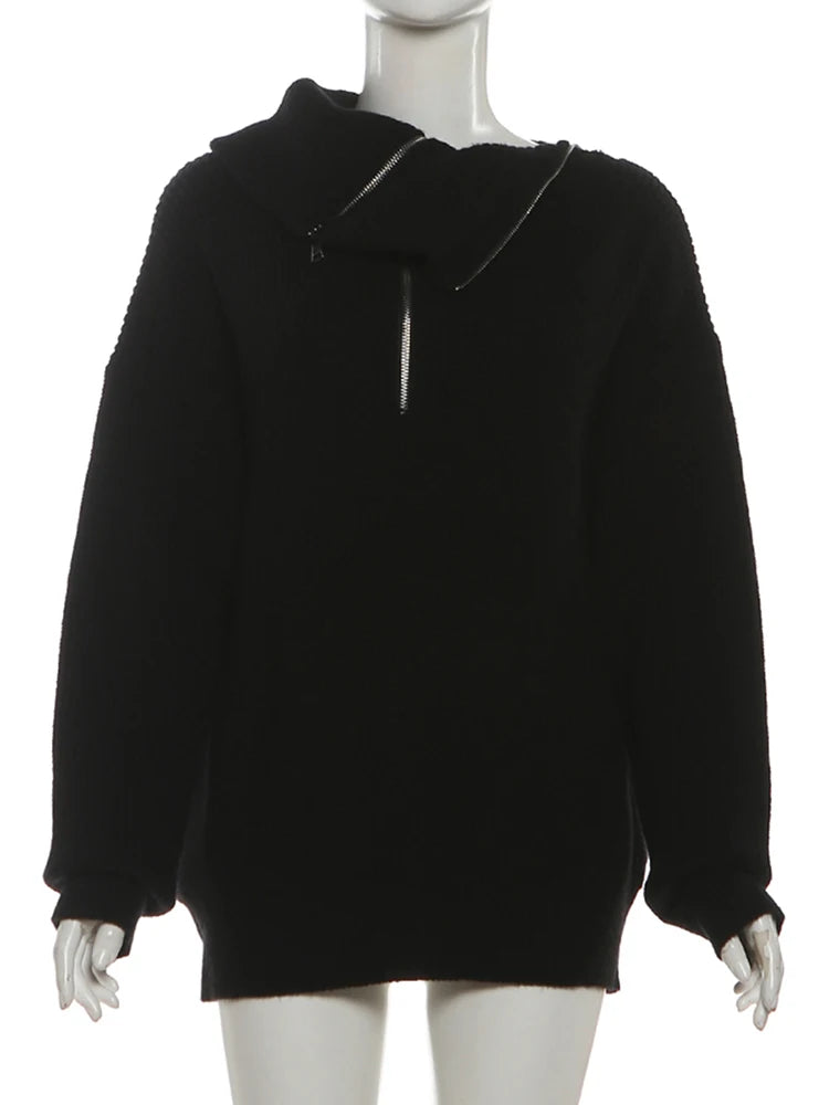 Chic Irregular Zip Knit Sweater with Turn-Down Collar VestiVogue