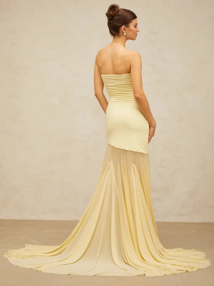Chic Strapless Yellow Mesh Maxi Gown VestiVogue