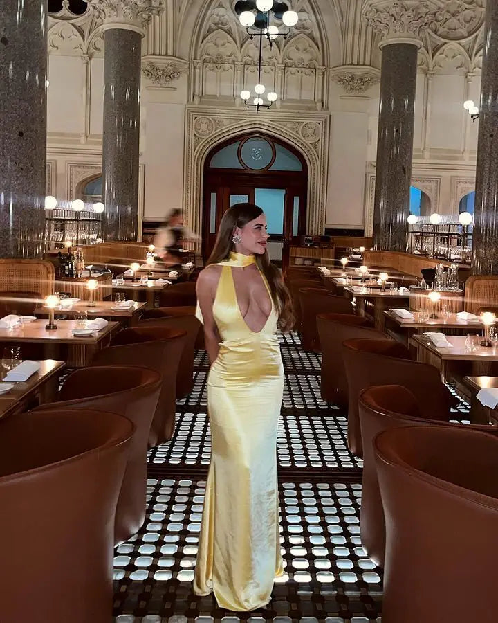 V-Neck Satin Open Back Evening Dress VestiVogue