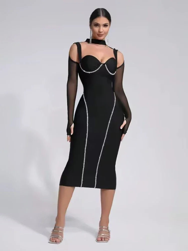 Halter Midi Bandage Dress with Mesh Sleeves and Hollow Out Design VestiVogue