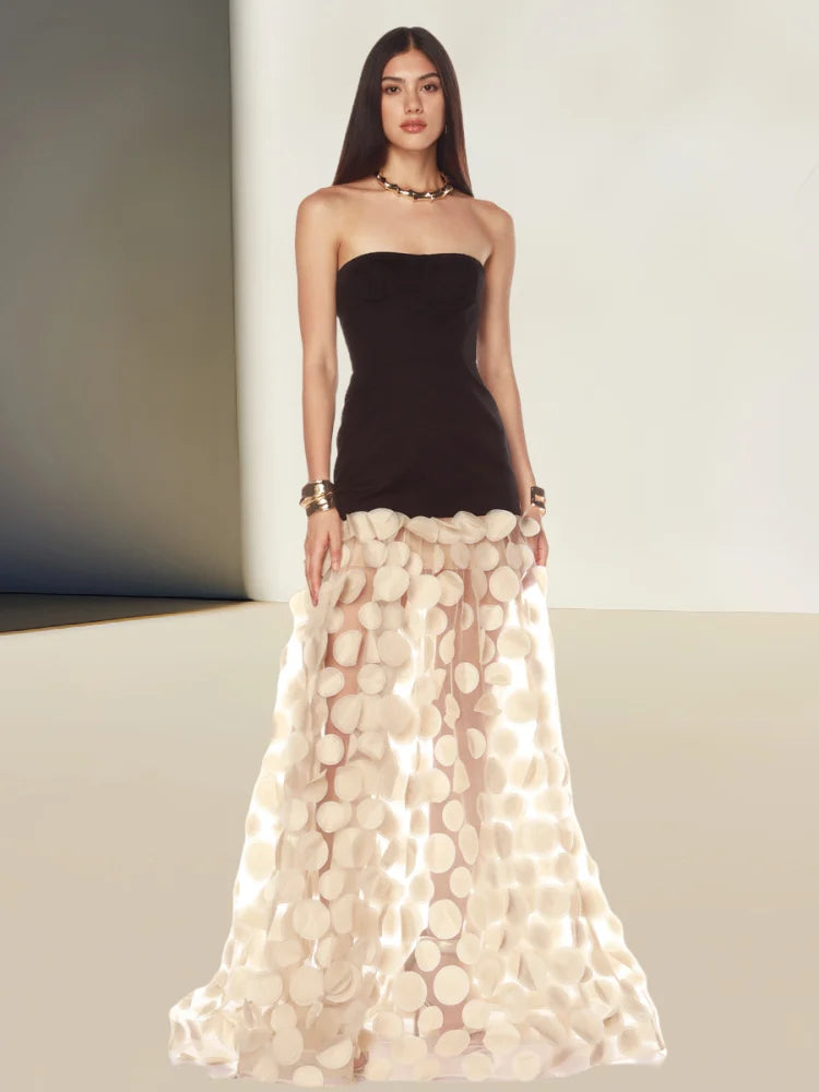 Strapless Floral Embroidery Bodycon Maxi Dress VestiVogue Beige XS