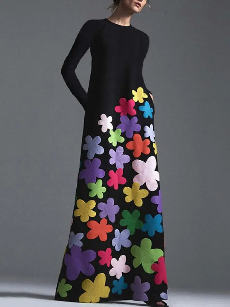 Multi-Colour Floral Print A-Line Maxi Dress with Long Sleeves VestiVogue