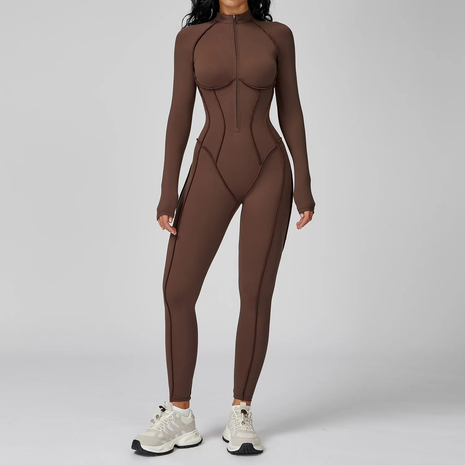 Chic Long-Sleeved Jumpsuit in High-Quality Polyester VestiVogue Brown 9771 XL