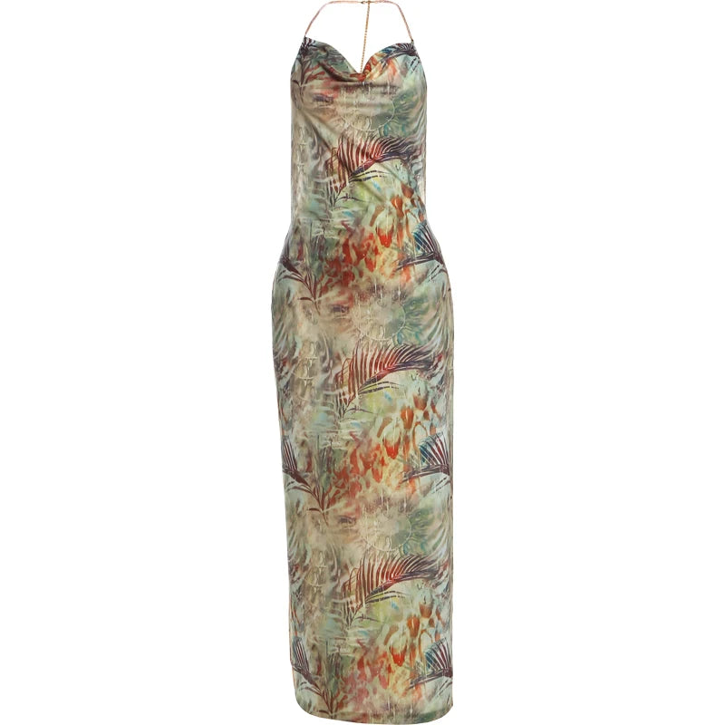 Floral Print Backless Halter Dress with Split Hem VestiVogue green M