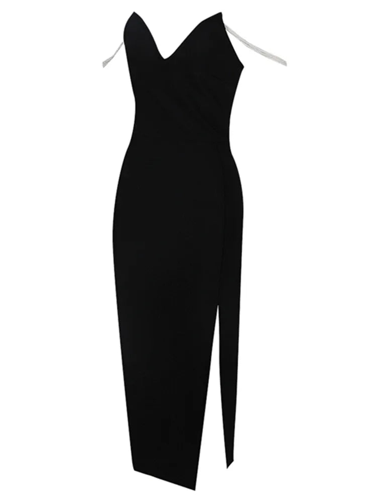 Elegant Off-Shoulder Black Pearl Split Midi Dress VestiVogue